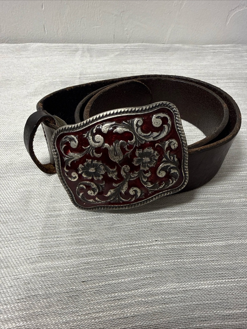 Vintage Italian Brown Leather Belt with Red Floral Scroll Buckle XSMALL